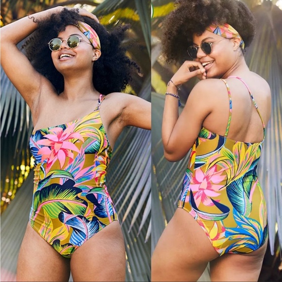 aerie Other - Aerie One Piece Full Coverage Floral Tropical Print One Shoulder Strap Swimsuit